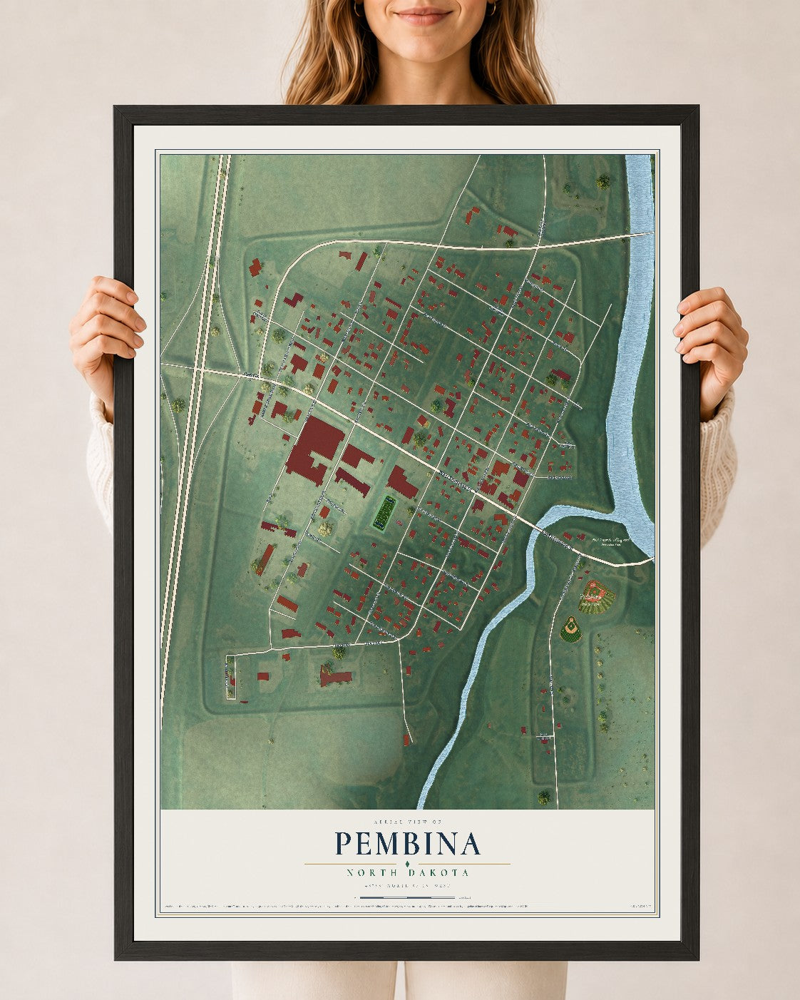 Map of Pembina, North Dakota, 24 x 36 inch print in a black wood frame