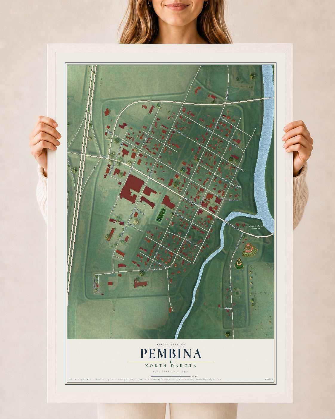 Map of Pembina, North Dakota, 24 x 36 inch print in a white wood frame
