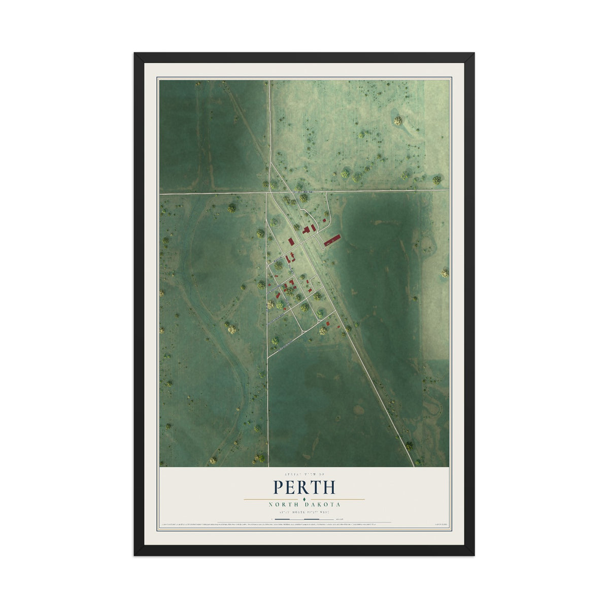 Map of Perth, North Dakota, 12 x 18 inch print in a black wood frame