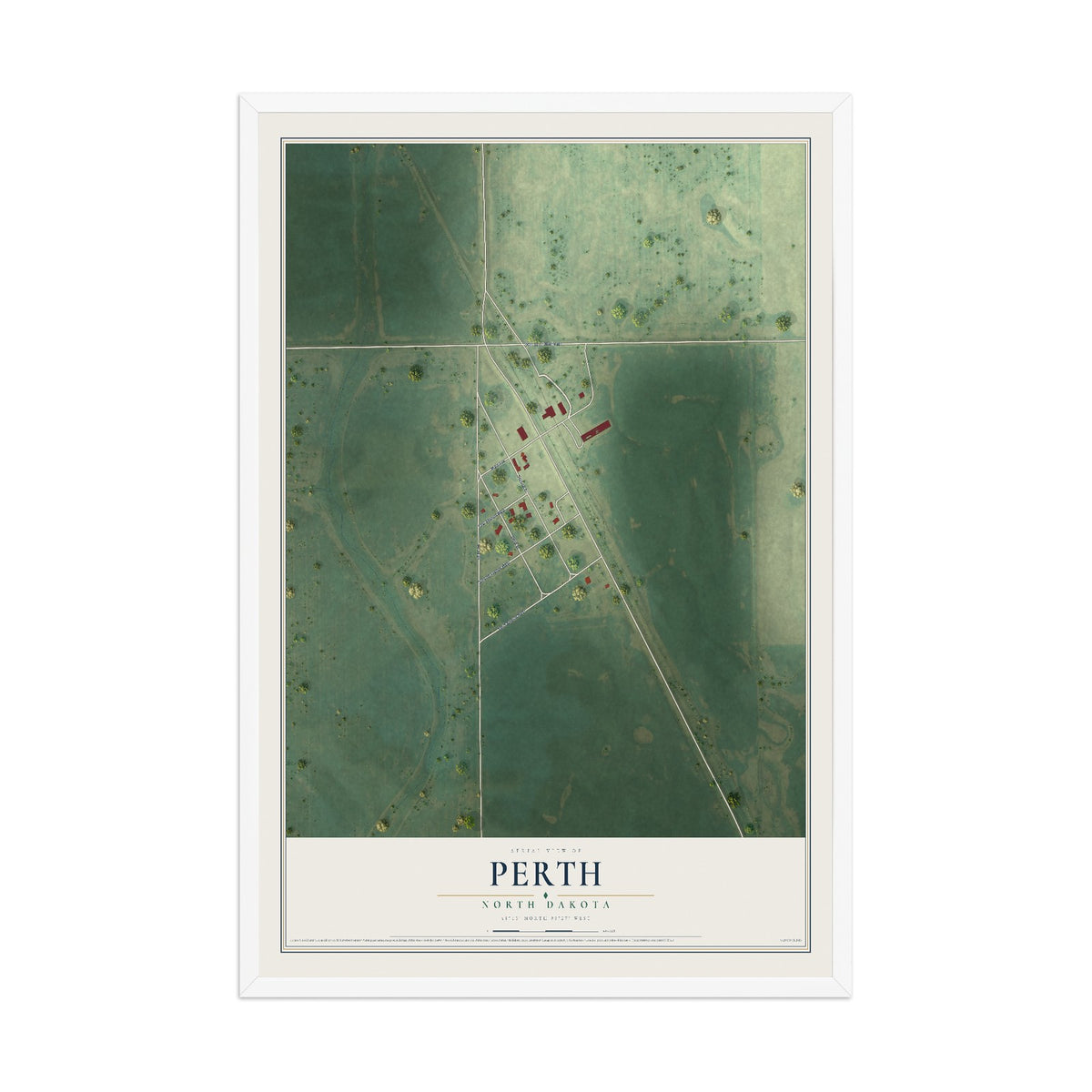 Map of Perth, North Dakota, 12 x 18 inch print in a white wood frame