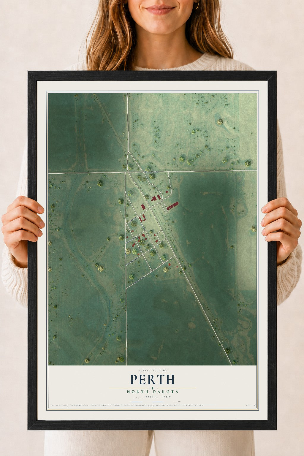 Map of Perth, North Dakota, 18 x 24 inch print in a black wood frame