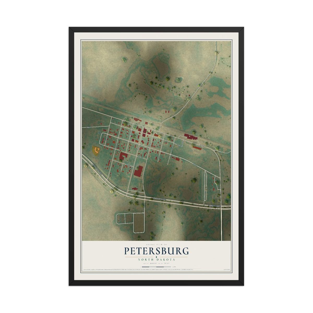 Map of Petersburg, North Dakota, 12 x 18 inch print in a black wood frame