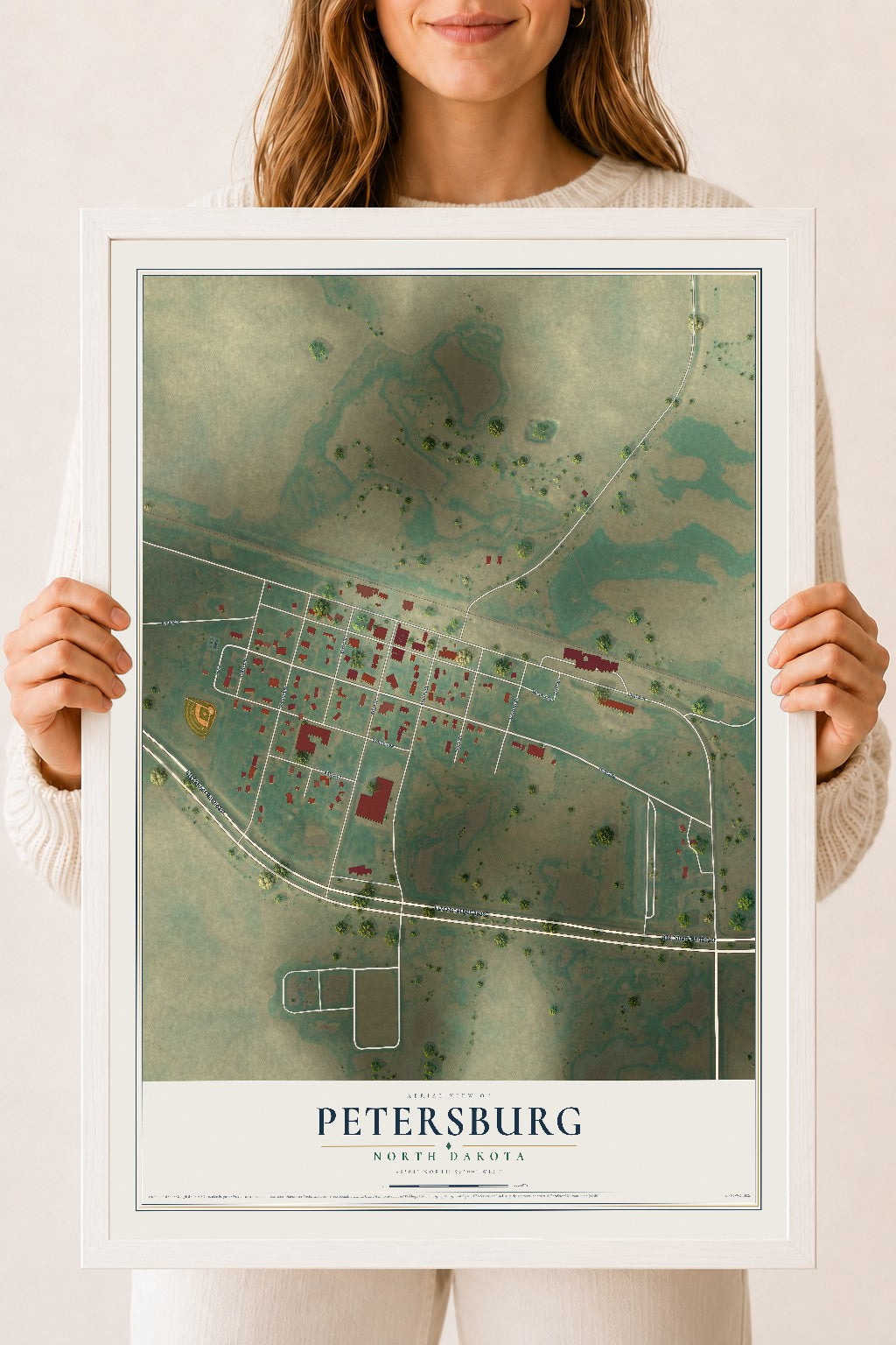 Map of Petersburg, North Dakota, 18 x 24 inch print in a white wood frame