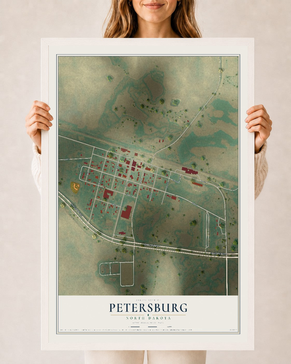 Map of Petersburg, North Dakota, 24 x 36 inch print in a white wood frame