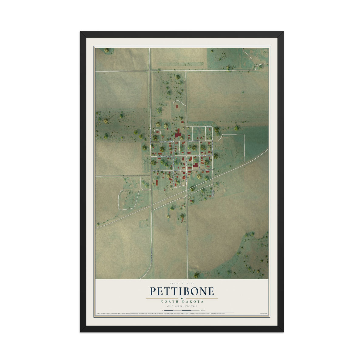Map of Pettibone, North Dakota, 12 x 18 inch print in a black wood frame
