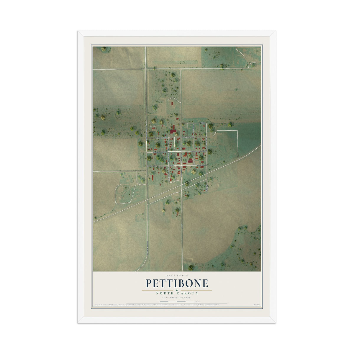 Map of Pettibone, North Dakota, 12 x 18 inch print in a white wood frame