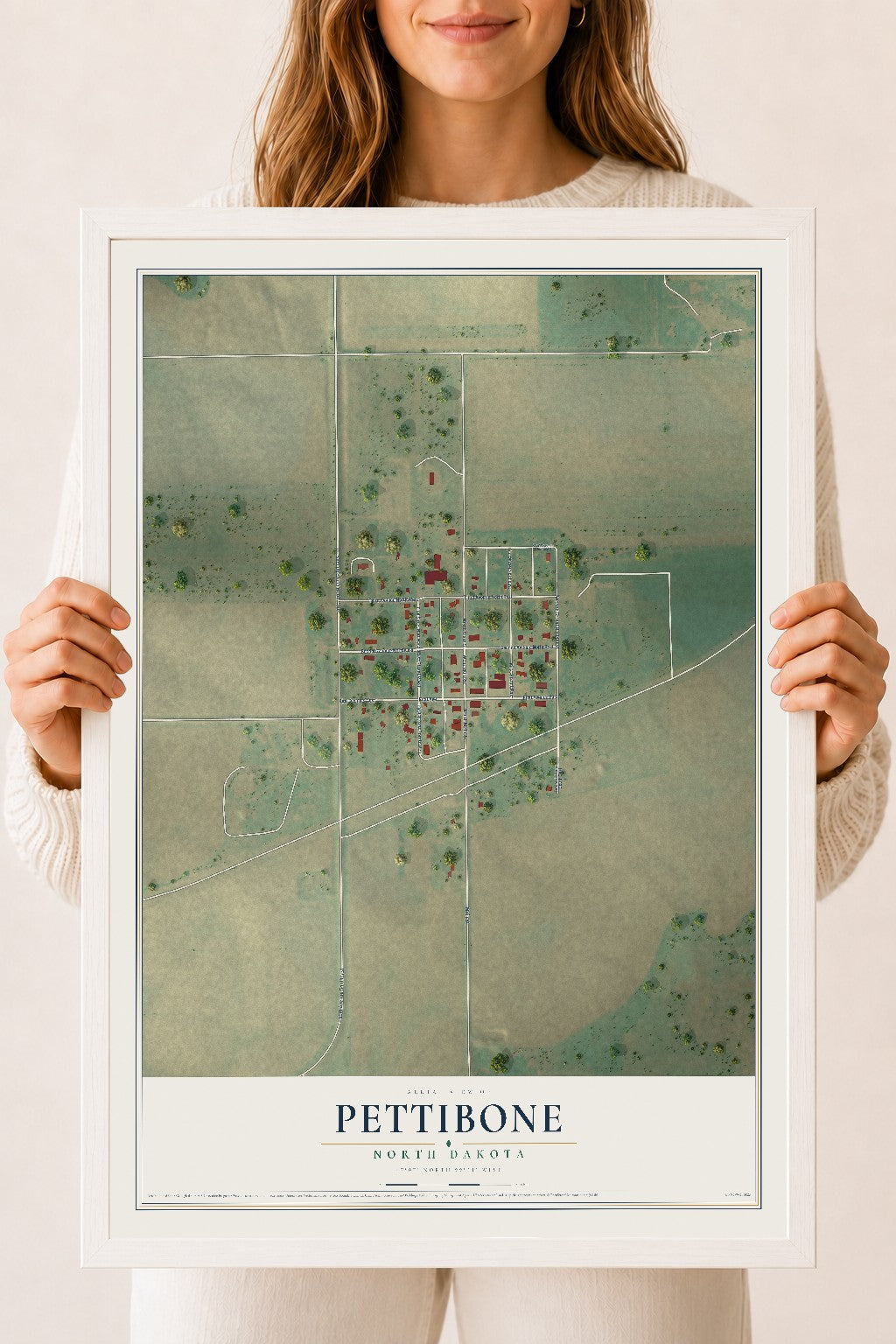 Map of Pettibone, North Dakota, 18 x 24 inch print in a white wood frame