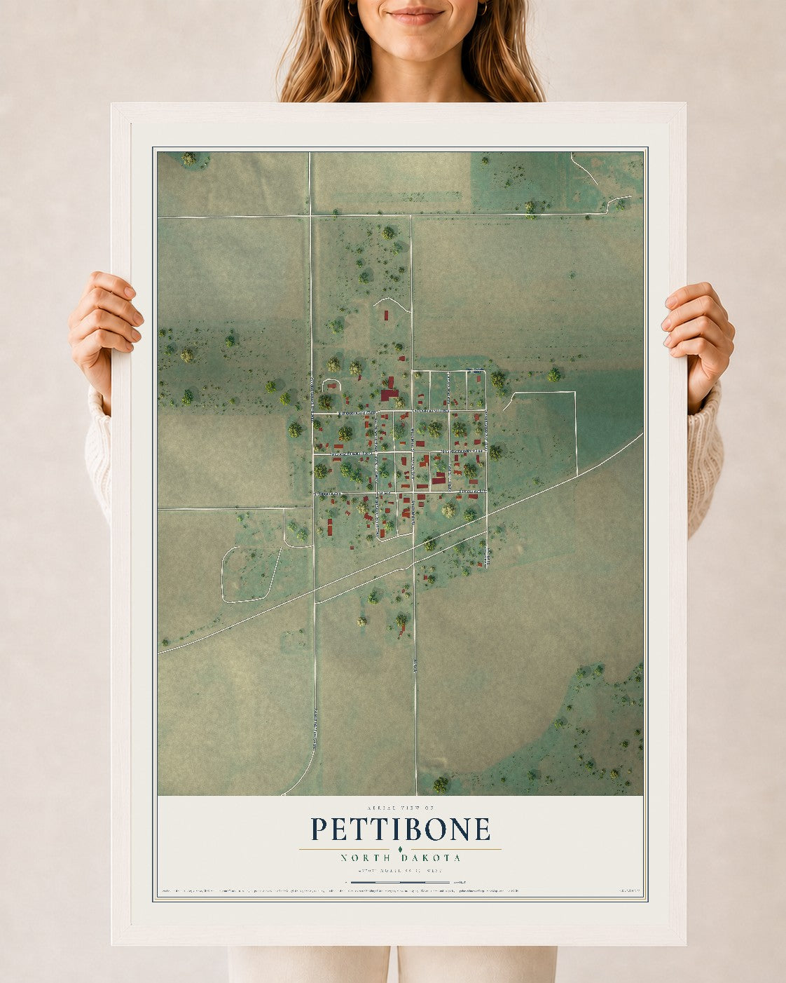 Map of Pettibone, North Dakota, 24 x 36 inch print in a white wood frame