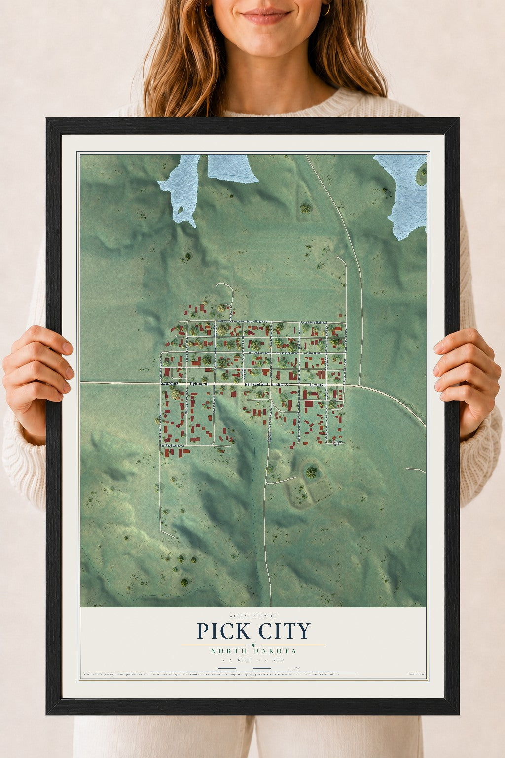Map of Pick City, North Dakota, 18 x 24 inch print in a black wood frame