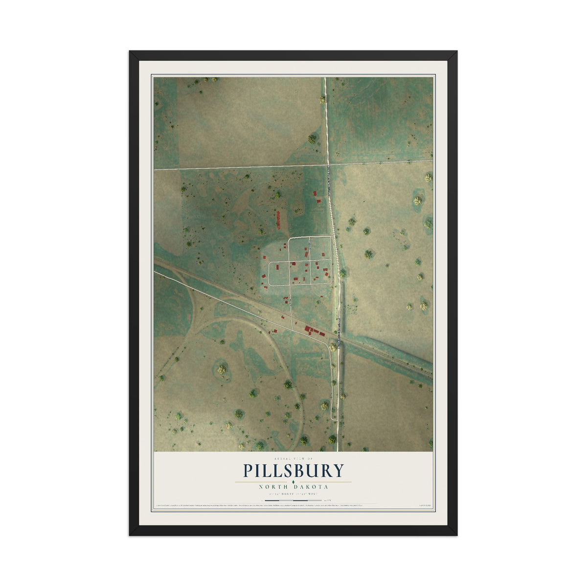 Map of Pillsbury, North Dakota, 12 x 18 inch print in a black wood frame
