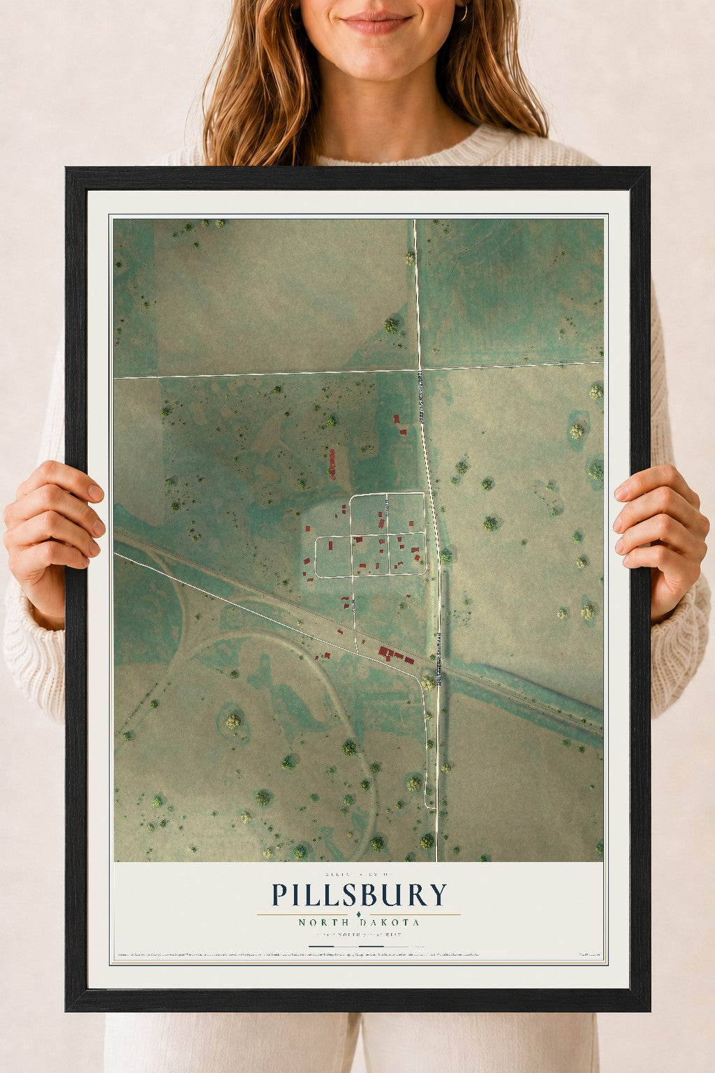 Map of Pillsbury, North Dakota, 18 x 24 inch print in a black wood frame