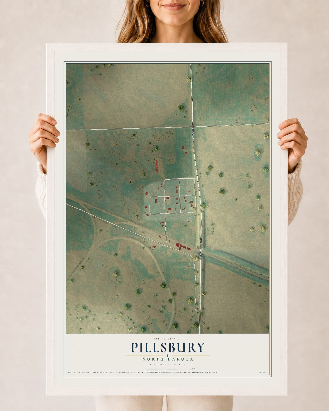 Map of Pillsbury, North Dakota, 24 x 36 inch print in a white wood frame