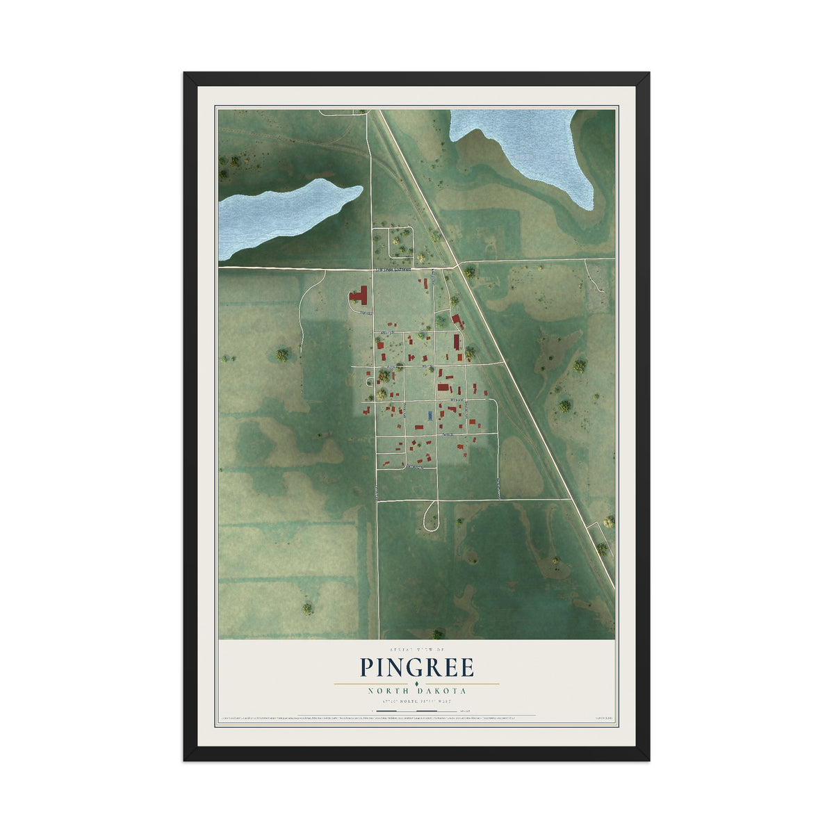 Map of Pingree, North Dakota, 12 x 18 inch print in a black wood frame