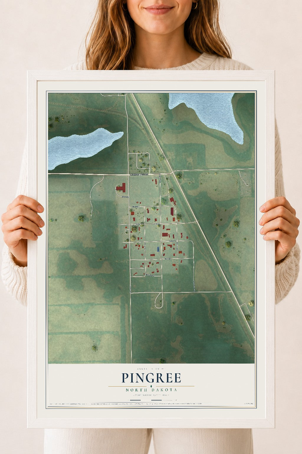 Map of Pingree, North Dakota, 18 x 24 inch print in a white wood frame