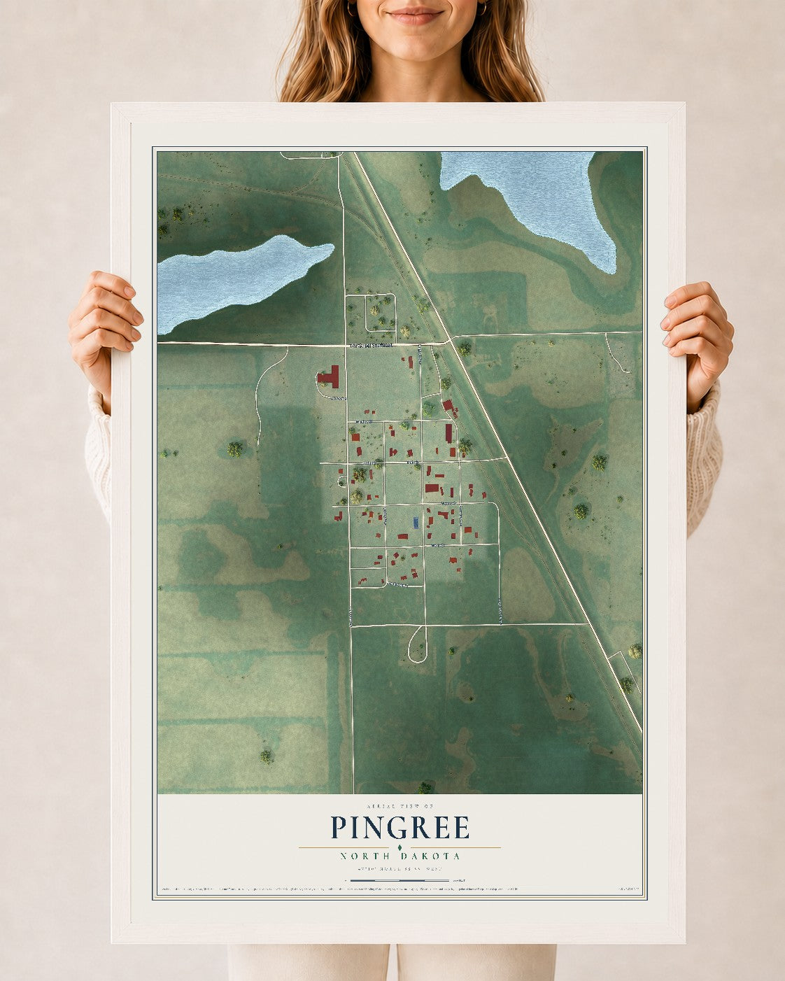 Map of Pingree, North Dakota, 24 x 36 inch print in a white wood frame