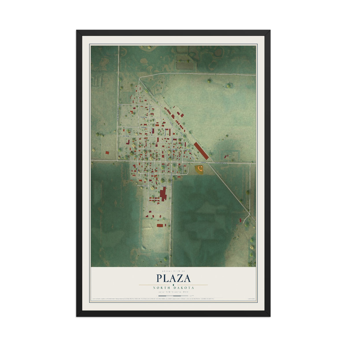 Map of Plaza, North Dakota, 12 x 18 inch print in a black wood frame