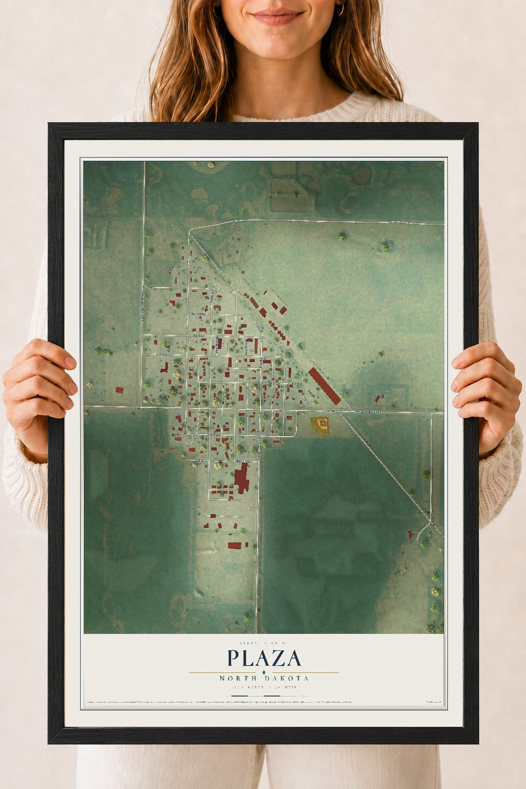 Map of Plaza, North Dakota, 18 x 24 inch print in a black wood frame