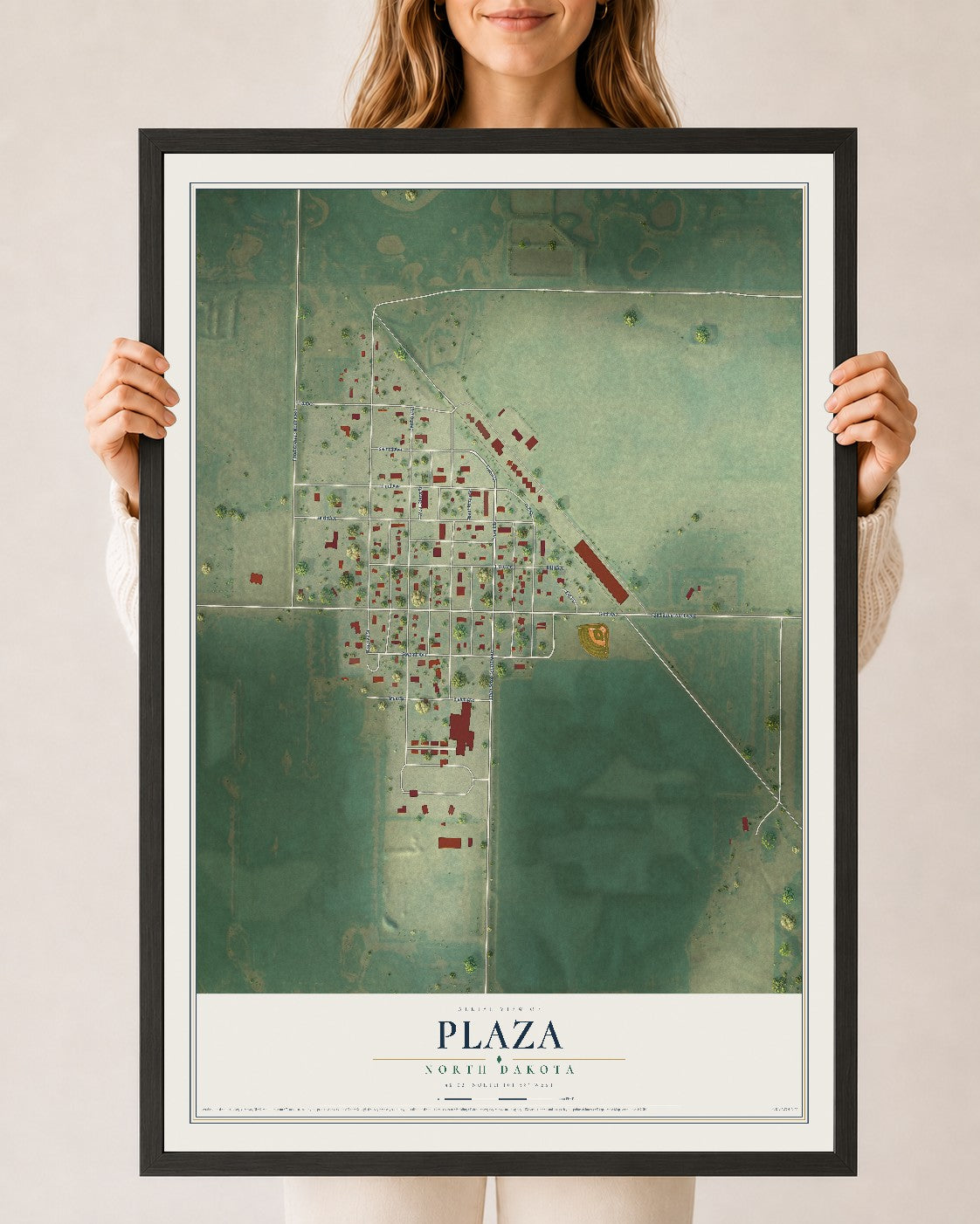 Map of Plaza, North Dakota, 24 x 36 inch print in a black wood frame