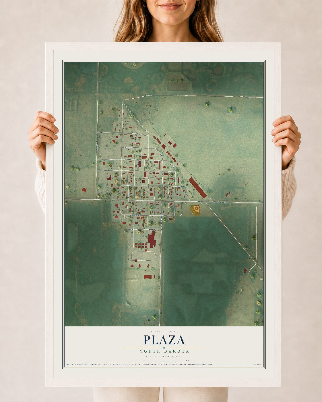 Map of Plaza, North Dakota, 24 x 36 inch print in a white wood frame