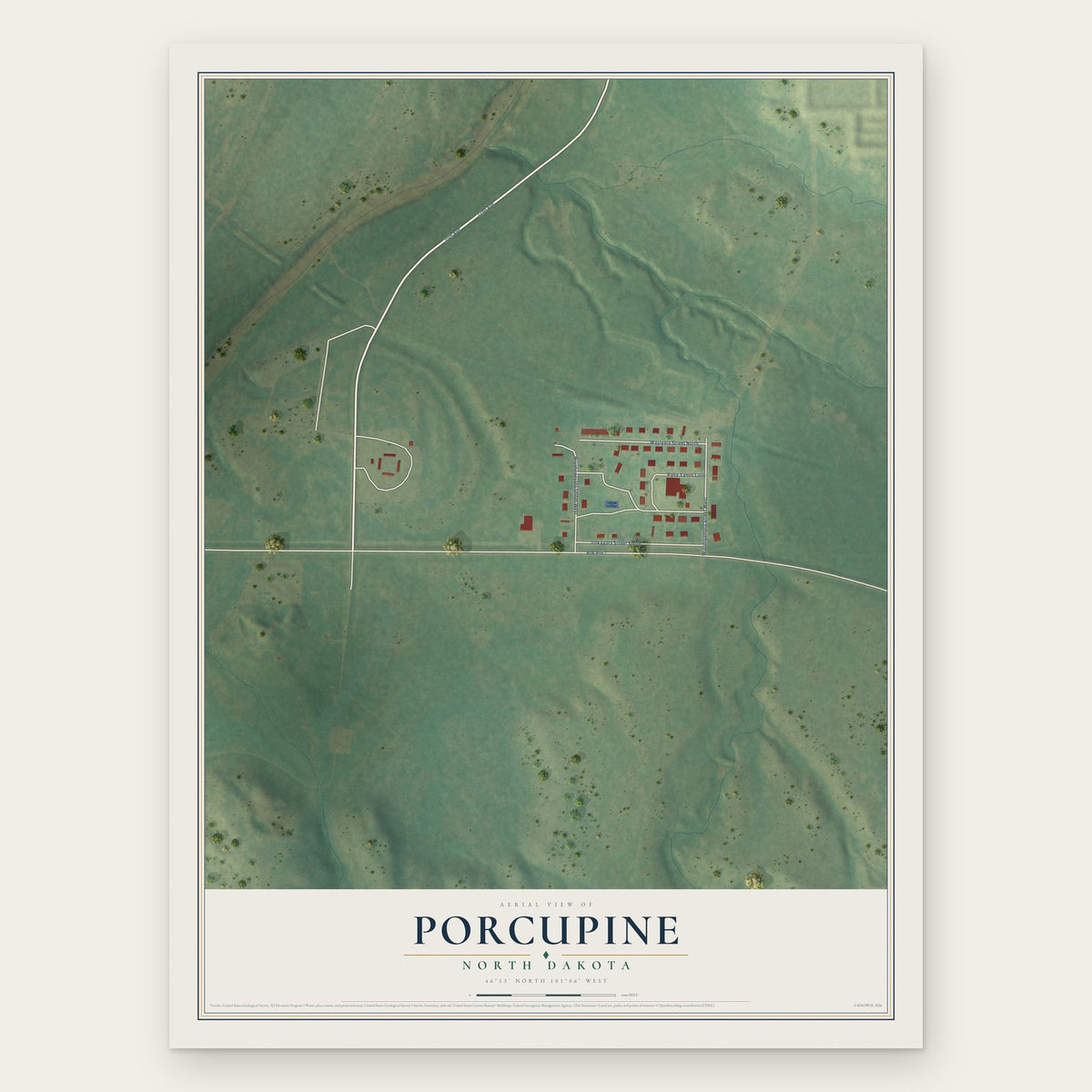 Porcupine, North Dakota map print, the full design