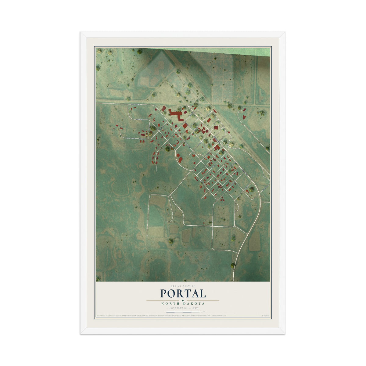 Map of Portal, North Dakota, 12 x 18 inch print in a white wood frame