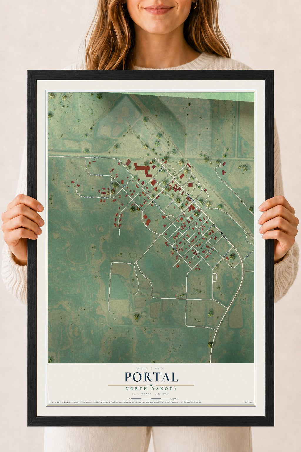 Map of Portal, North Dakota, 18 x 24 inch print in a black wood frame