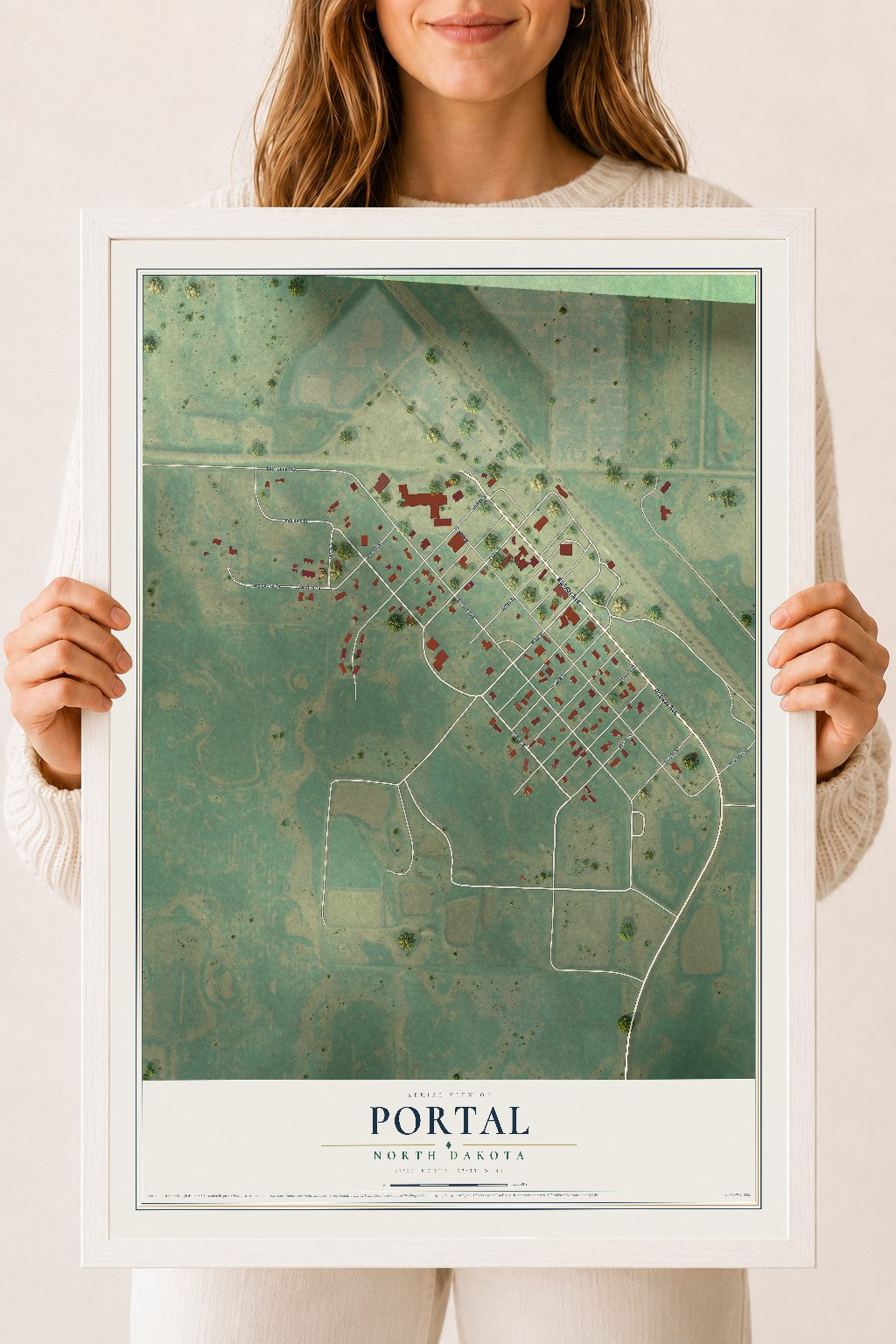 Map of Portal, North Dakota, 18 x 24 inch print in a white wood frame