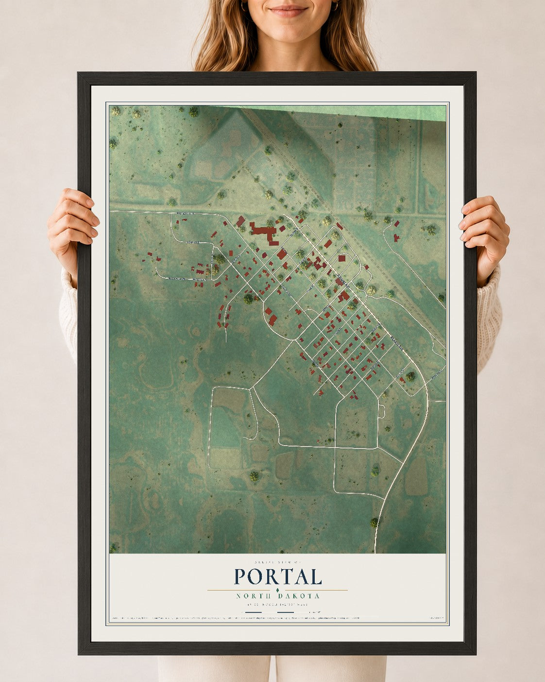 Map of Portal, North Dakota, 24 x 36 inch print in a black wood frame
