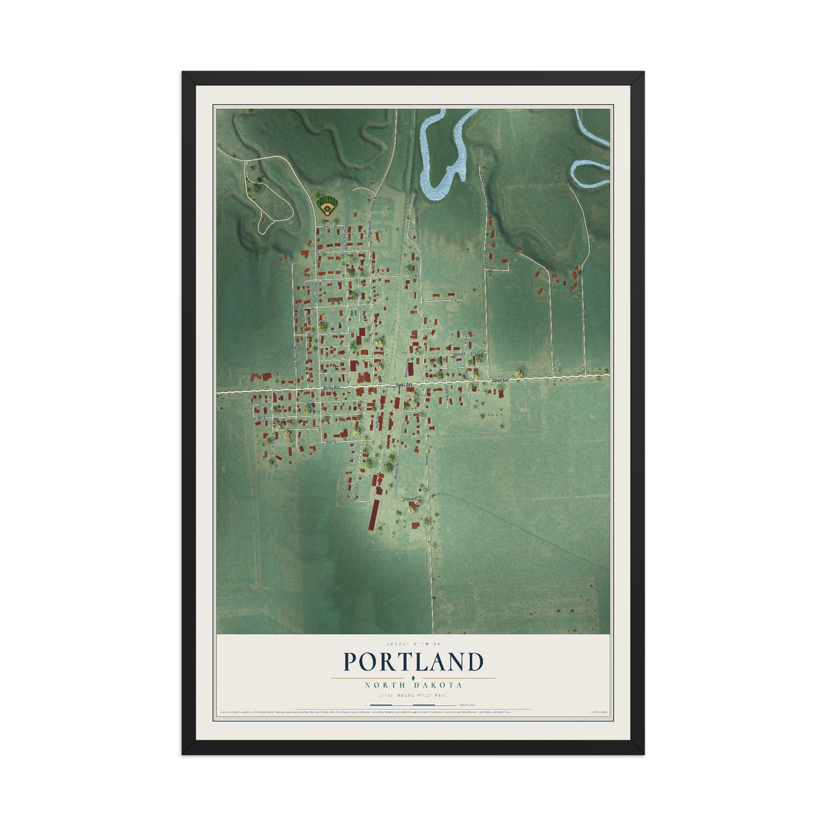 Map of Portland, North Dakota, 12 x 18 inch print in a black wood frame