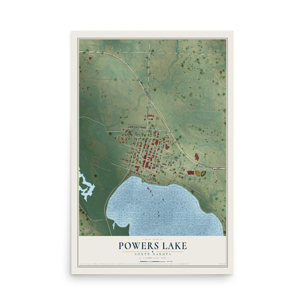Map of Powers Lake, North Dakota, 12 x 18 inch unframed archival matte print