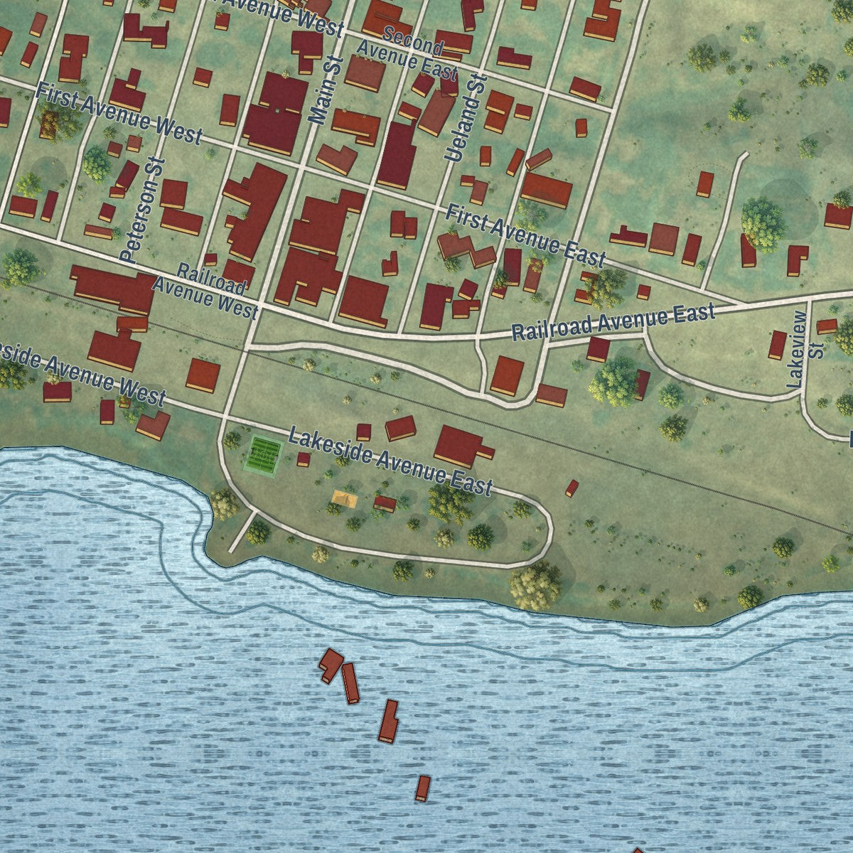 Close-up of the map of Powers Lake, North Dakota print showing street and building detail