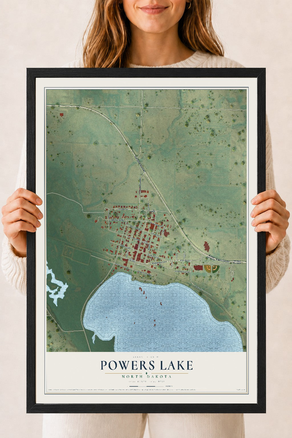 Map of Powers Lake, North Dakota, 18 x 24 inch print in a black wood frame