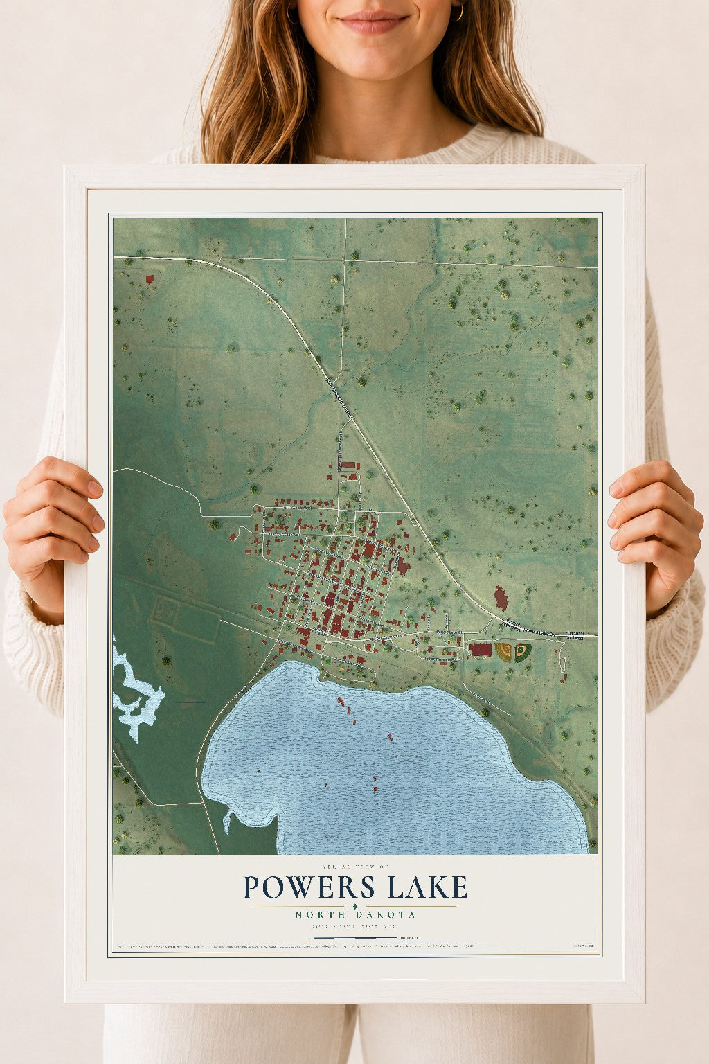 Map of Powers Lake, North Dakota, 18 x 24 inch print in a white wood frame