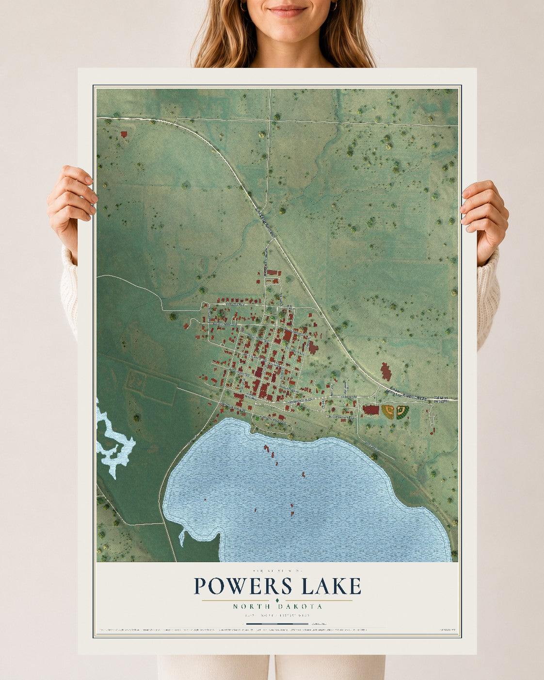 Map of Powers Lake, North Dakota, 24 x 36 inch unframed archival matte print