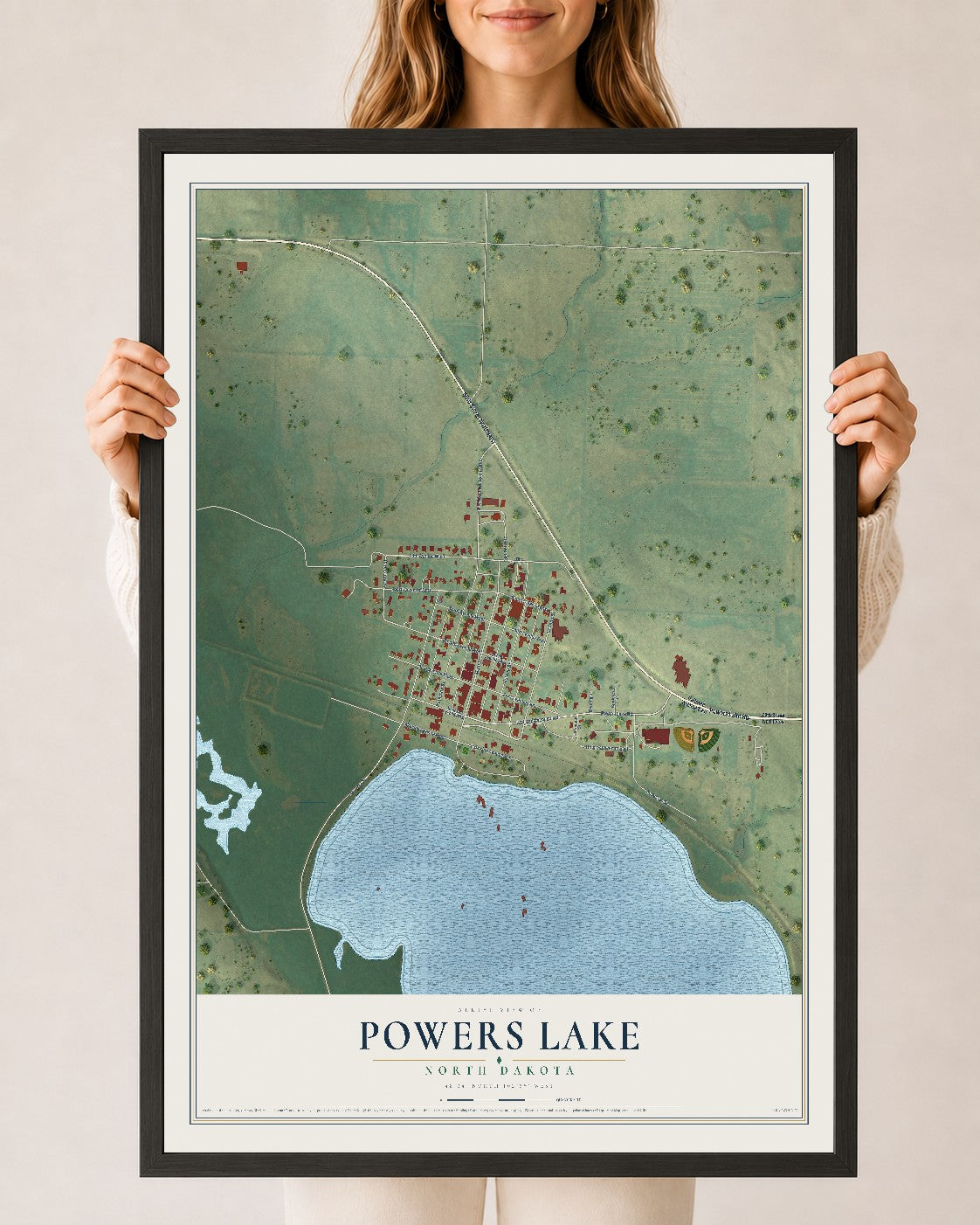 Map of Powers Lake, North Dakota, 24 x 36 inch print in a black wood frame