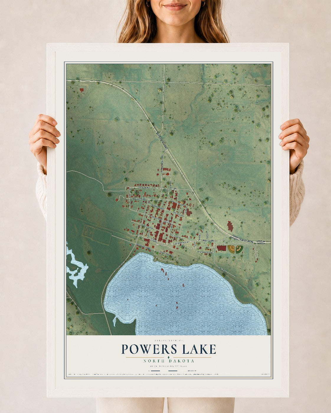 Map of Powers Lake, North Dakota, 24 x 36 inch print in a white wood frame