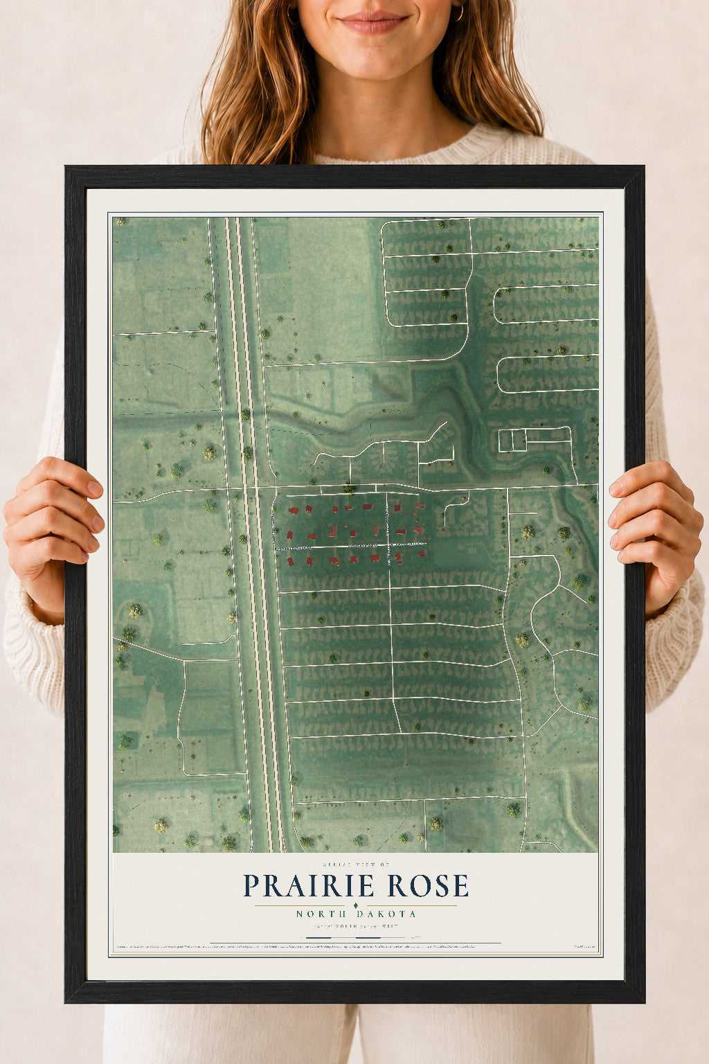 Map of Prairie Rose, North Dakota, 18 x 24 inch print in a black wood frame