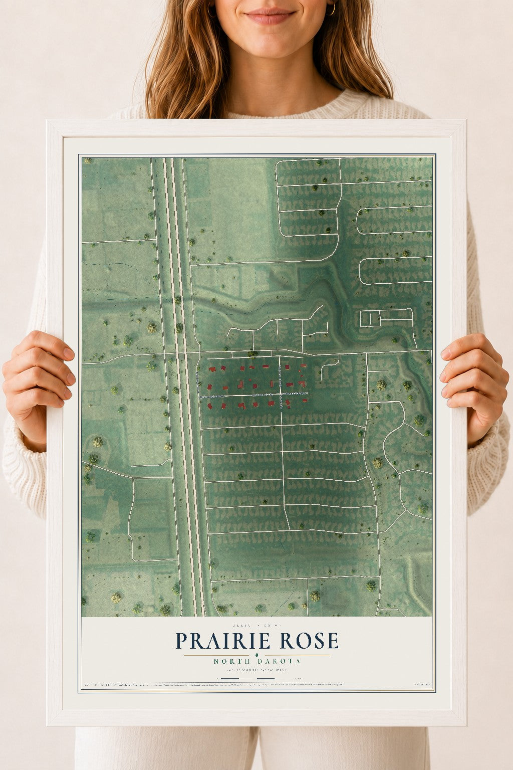 Map of Prairie Rose, North Dakota, 18 x 24 inch print in a white wood frame