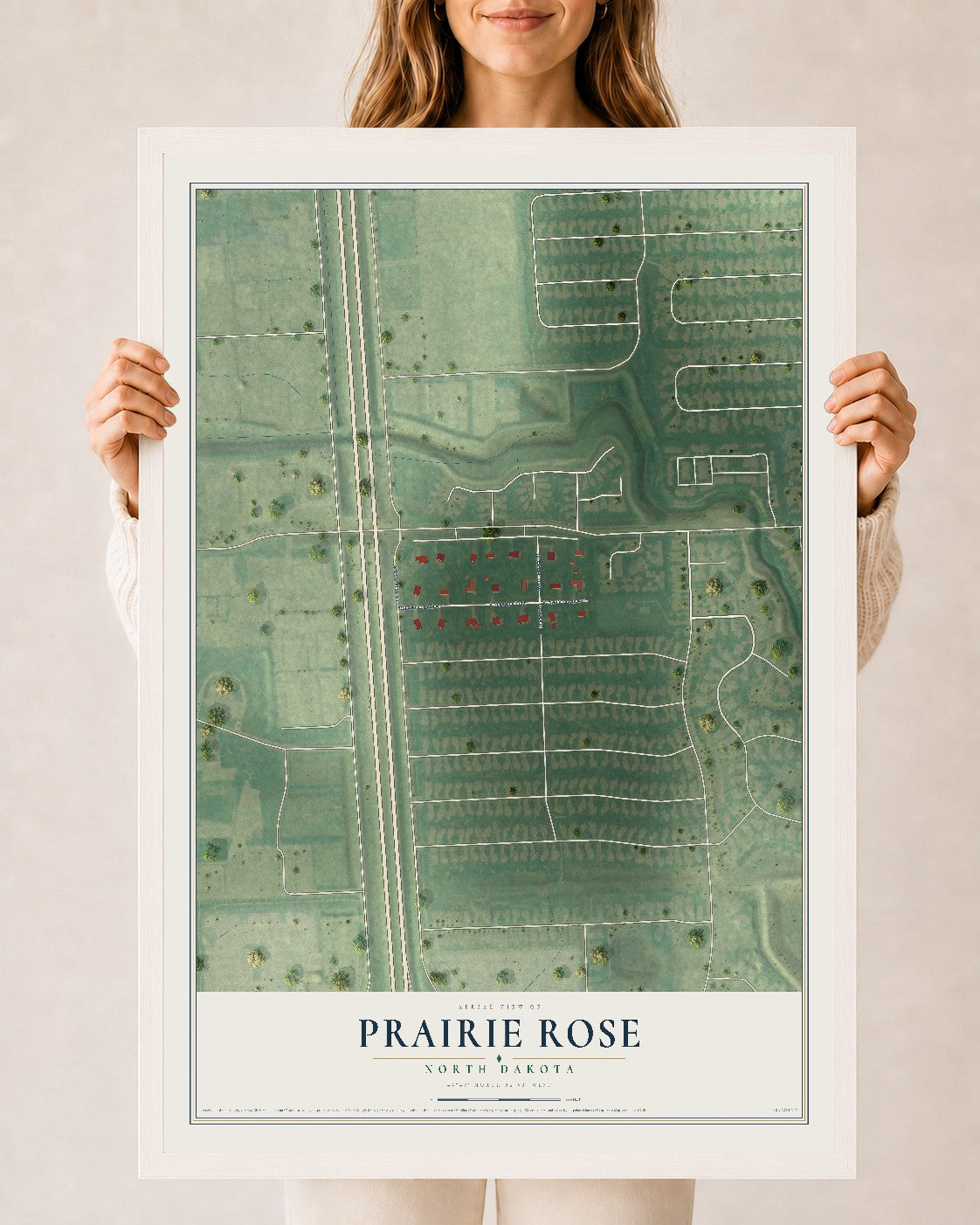 Map of Prairie Rose, North Dakota, 24 x 36 inch print in a white wood frame