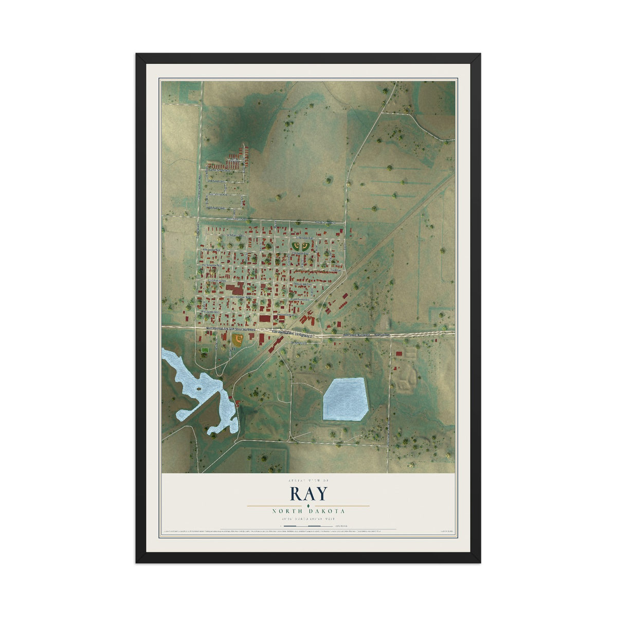 Map of Ray, North Dakota, 12 x 18 inch print in a black wood frame