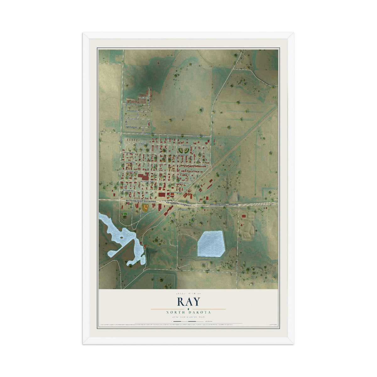 Map of Ray, North Dakota, 12 x 18 inch print in a white wood frame