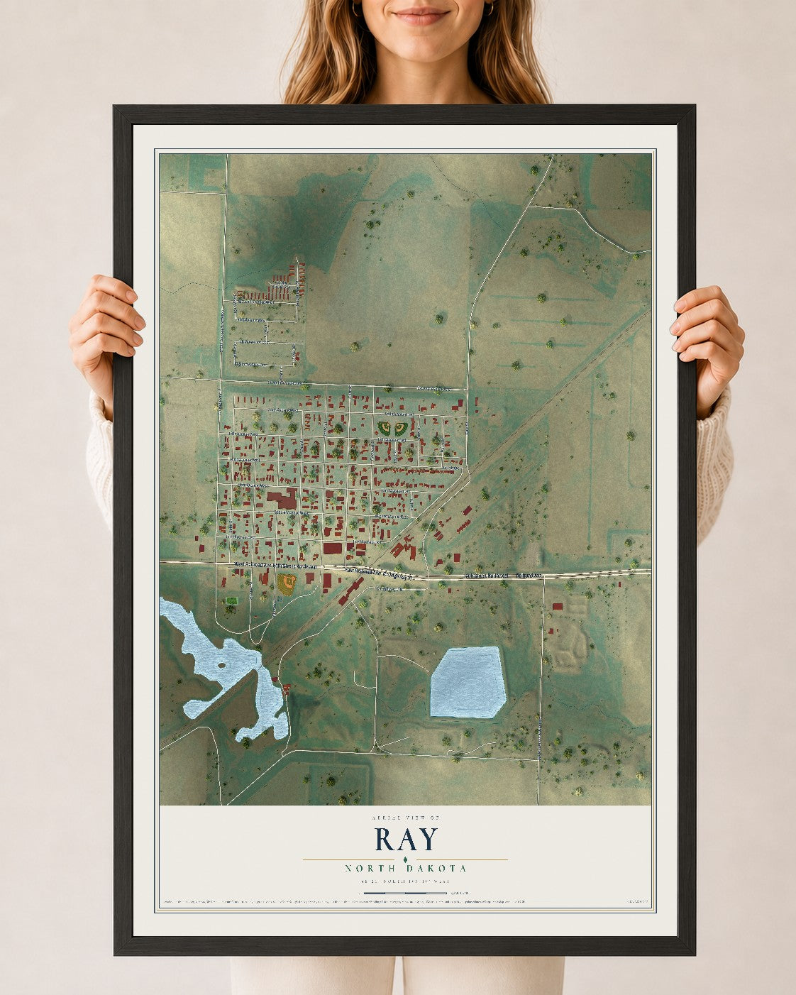 Map of Ray, North Dakota, 24 x 36 inch print in a black wood frame