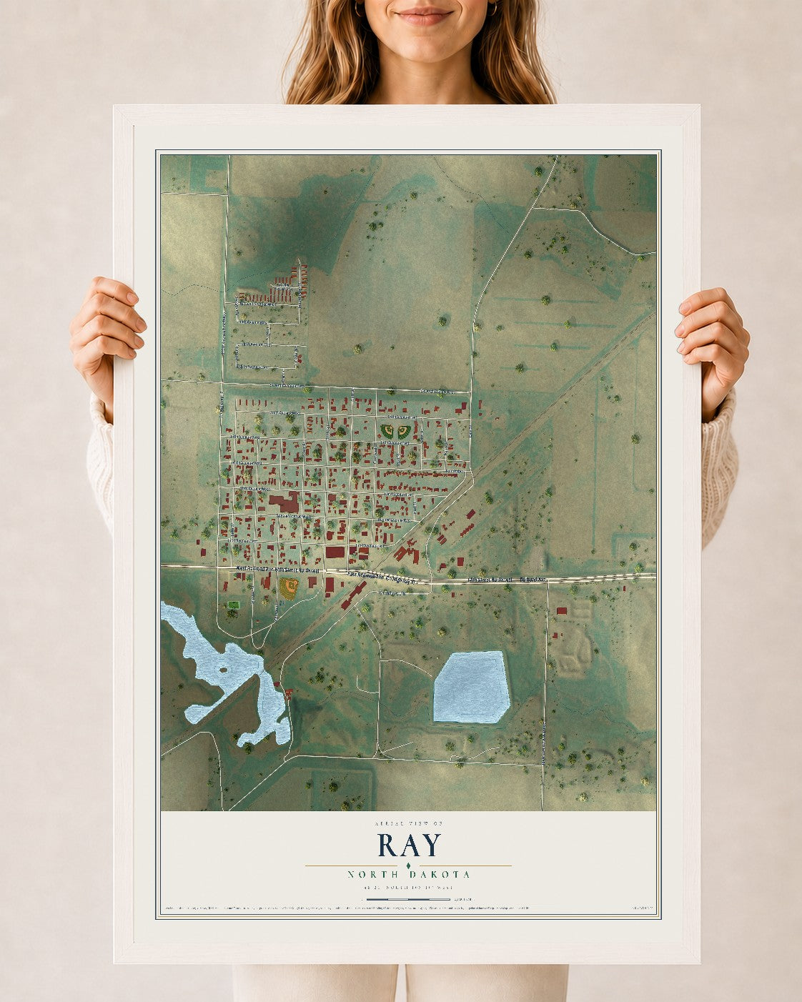 Map of Ray, North Dakota, 24 x 36 inch print in a white wood frame
