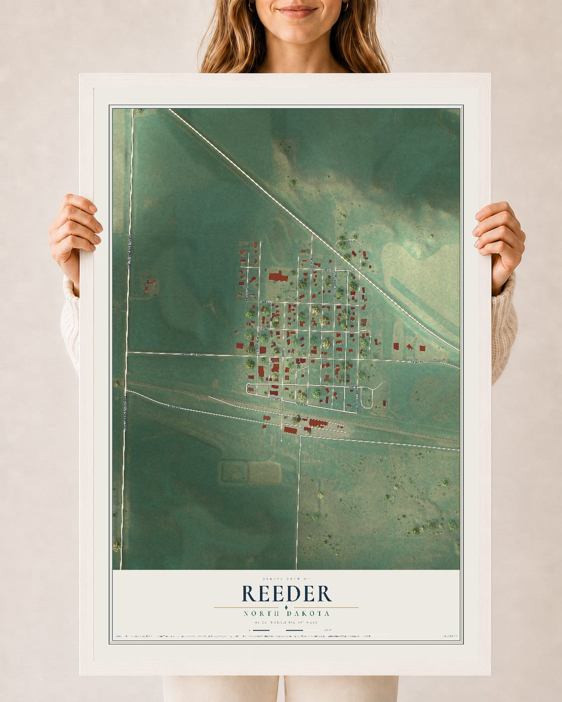 Map of Reeder, North Dakota, 24 x 36 inch print in a white wood frame