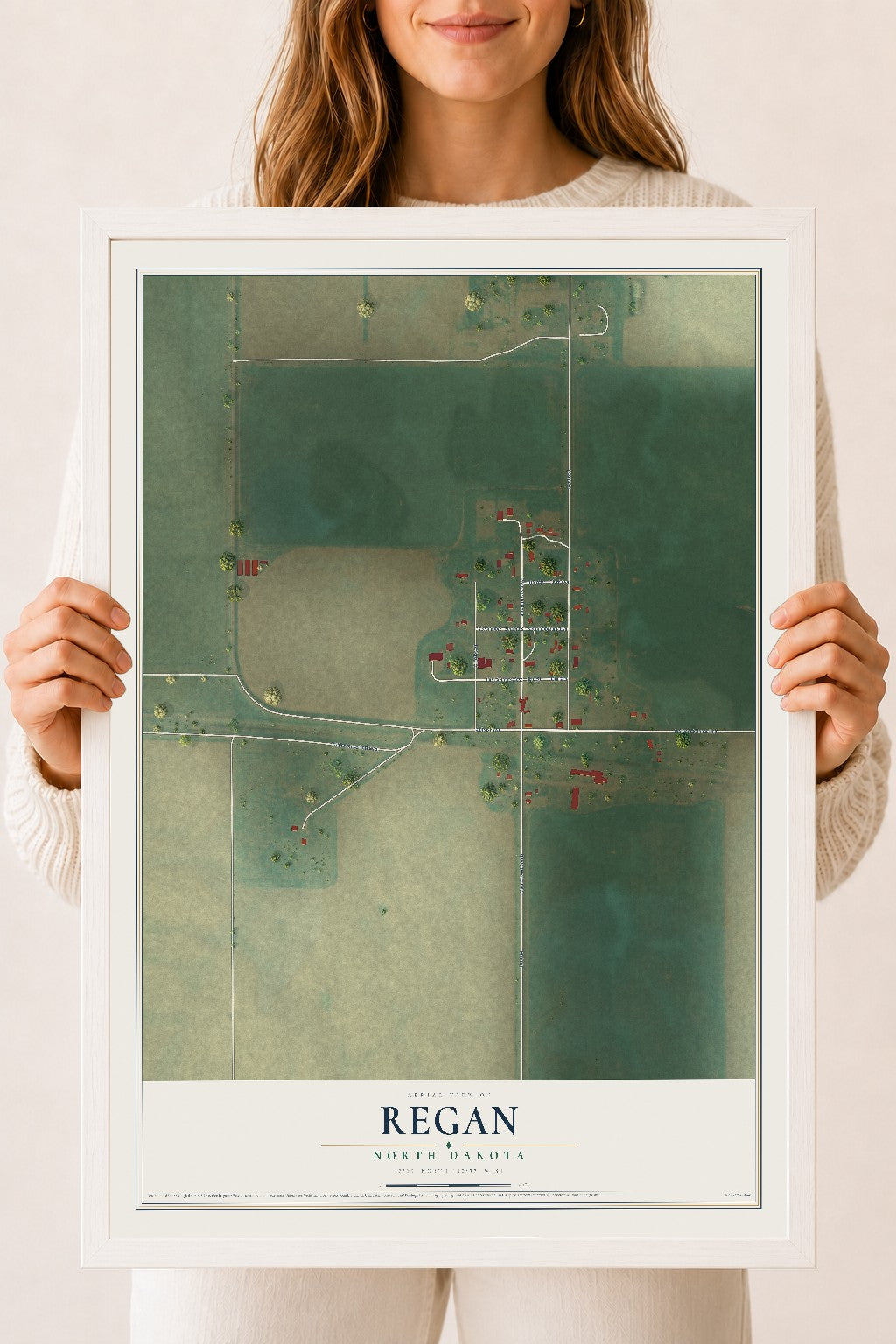Map of Regan, North Dakota, 18 x 24 inch print in a white wood frame