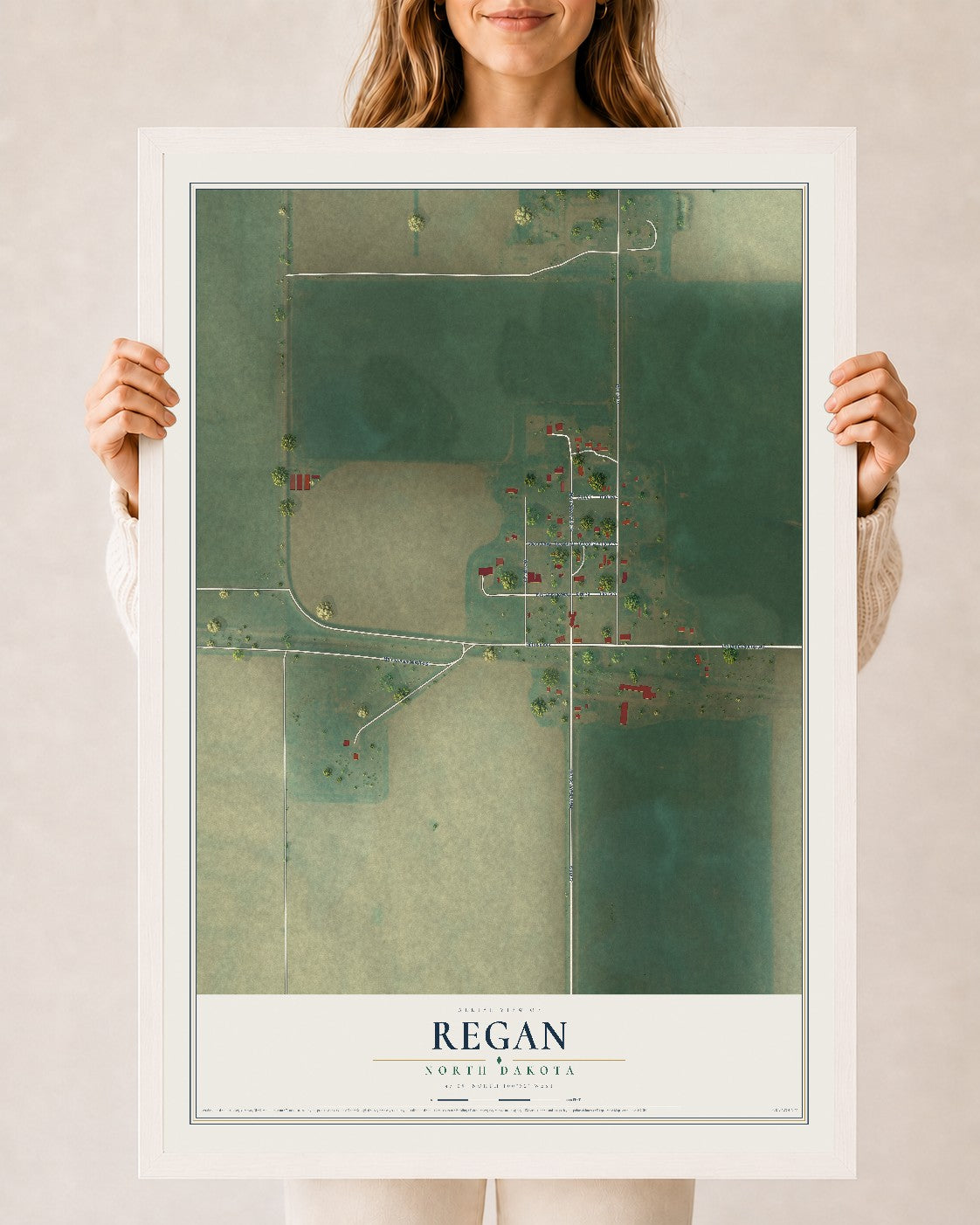 Map of Regan, North Dakota, 24 x 36 inch print in a white wood frame