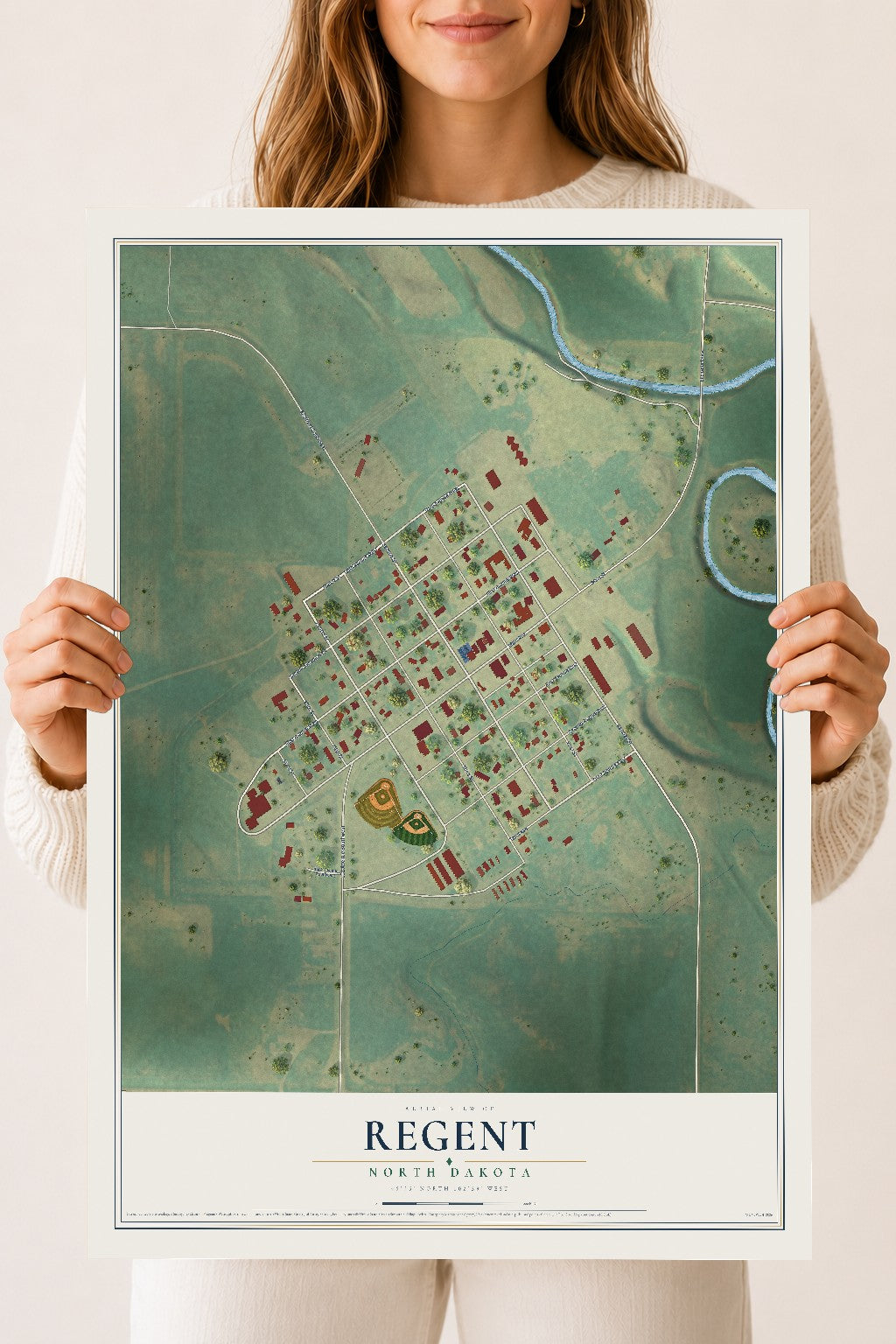Map of Regent, North Dakota, 18 x 24 inch unframed archival matte print
