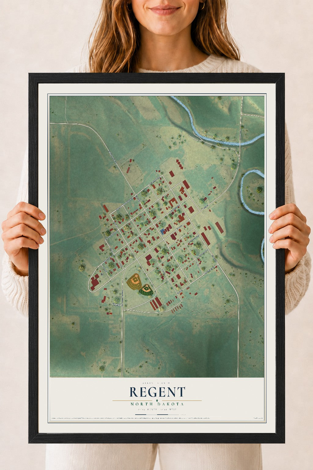 Map of Regent, North Dakota, 18 x 24 inch print in a black wood frame