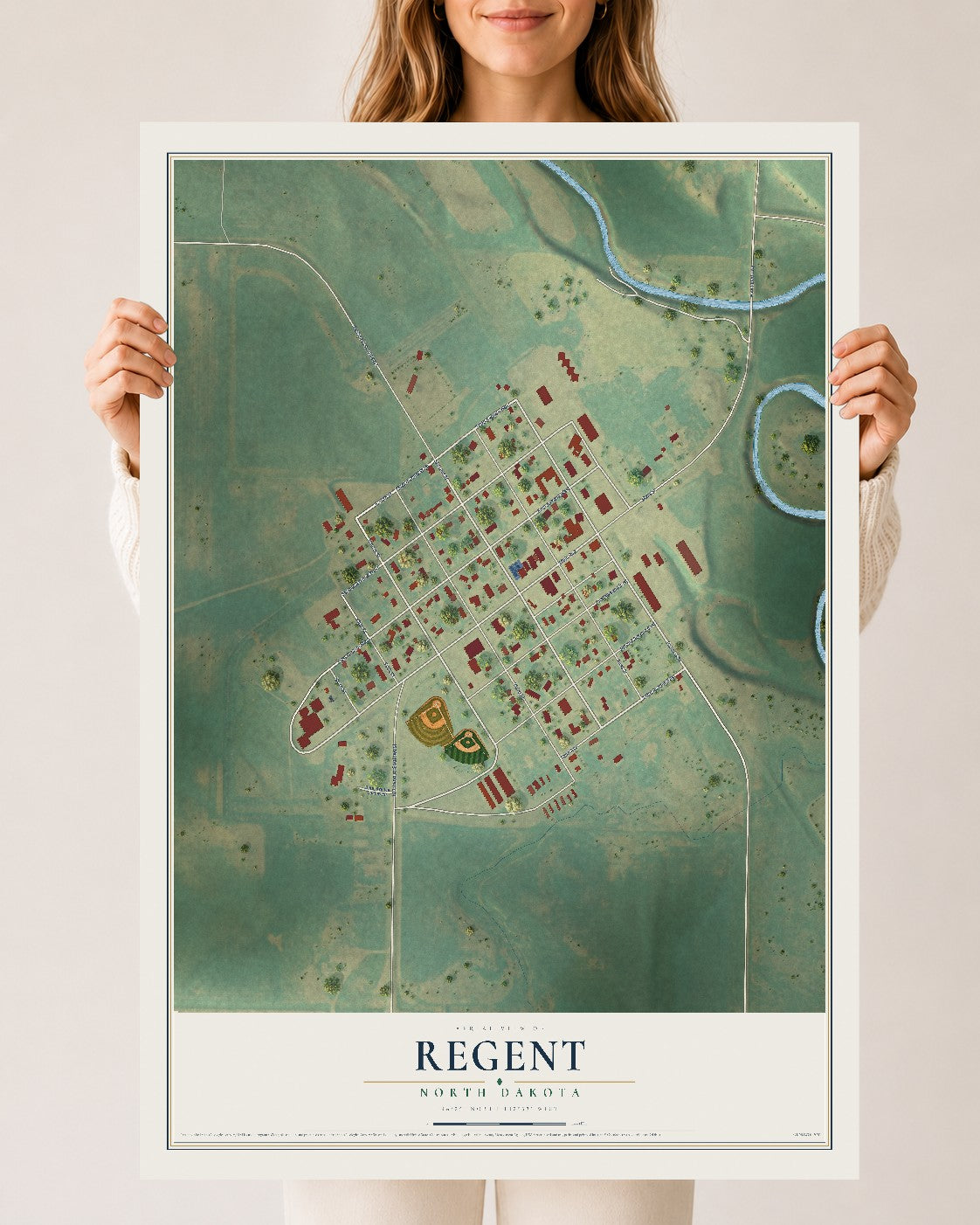 Map of Regent, North Dakota, 24 x 36 inch unframed archival matte print