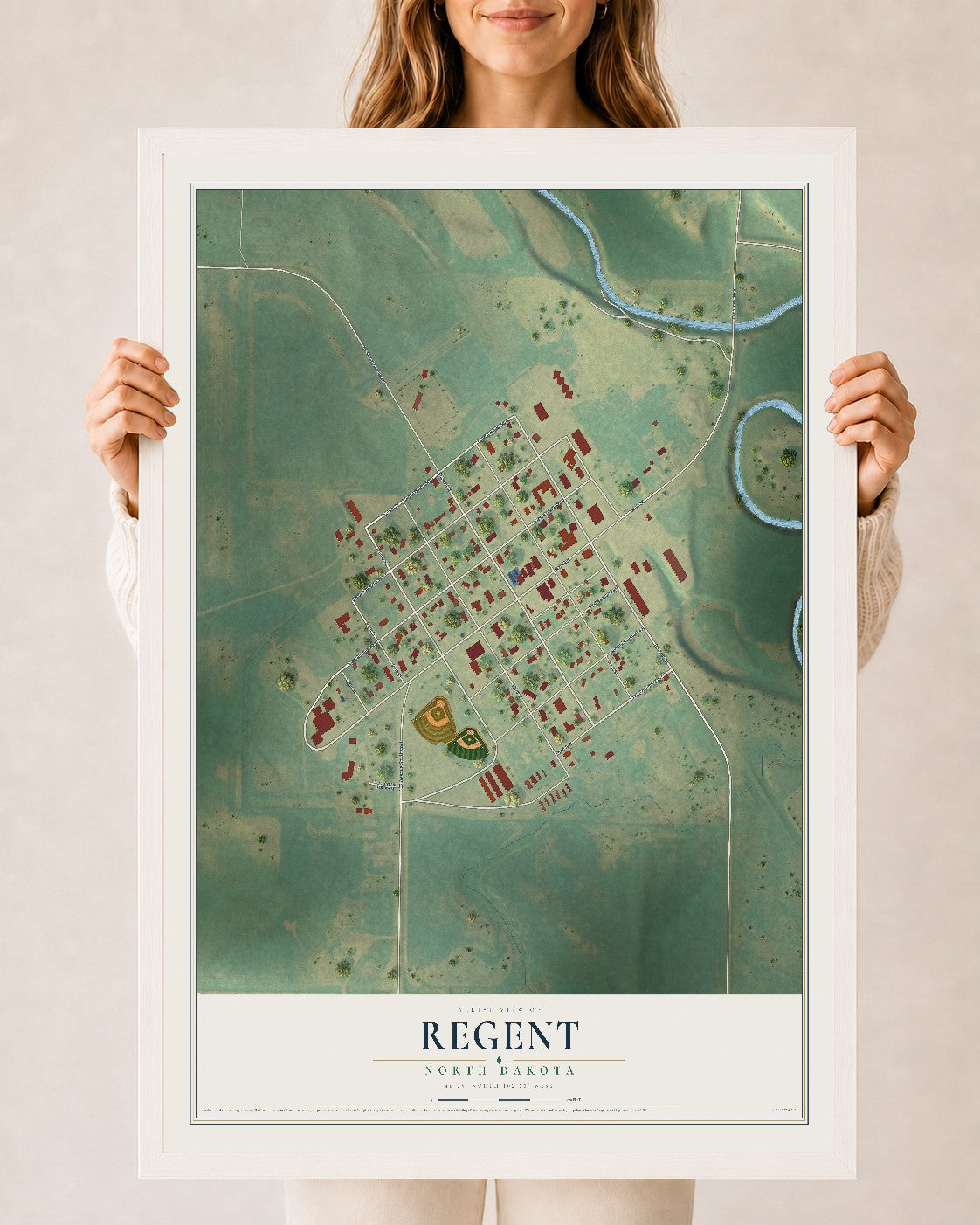 Map of Regent, North Dakota, 24 x 36 inch print in a white wood frame